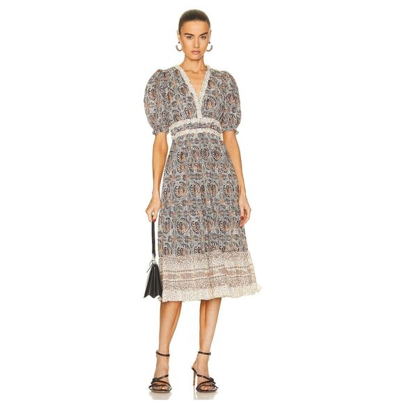 Ulla Johnson Elli Dress Yarrow Puff Sleeve Midi Length V Neck Leaf Print Dress 6 - Picture 2 of 10